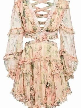 Floral Ruffle Tiered Mini Dress in Blush and Cream